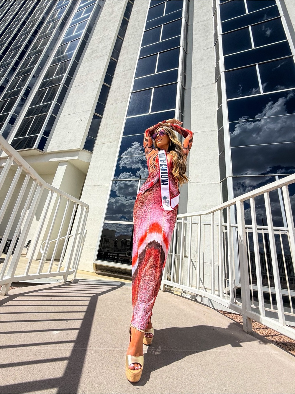 PatBO Pink and Coral Plunge-Neck Long Sleeve Maxi Dress - Picture 6 of 7